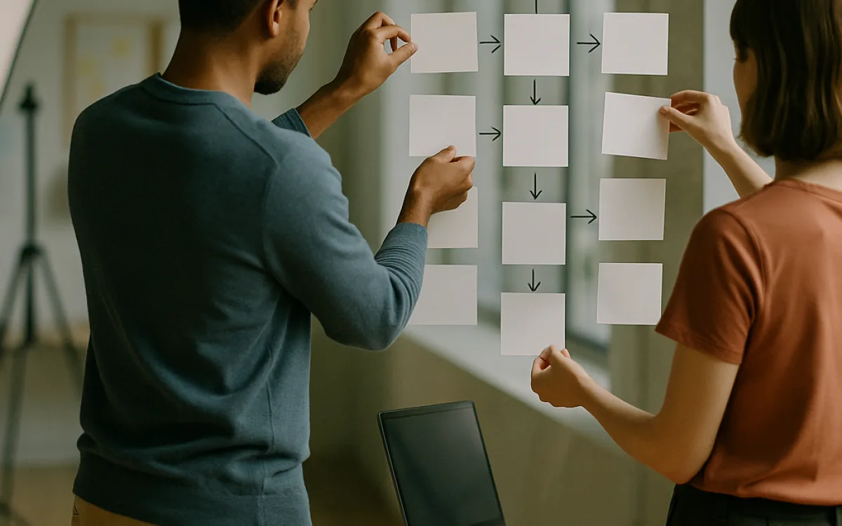 A team mapping goals and channels as connected cards on a glass wall