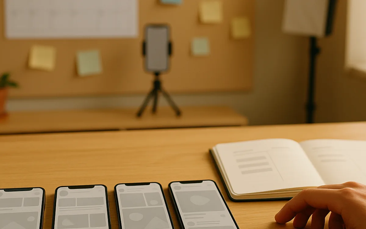 Several phones laid out in a row on a desk, each showing a different blank feed layout