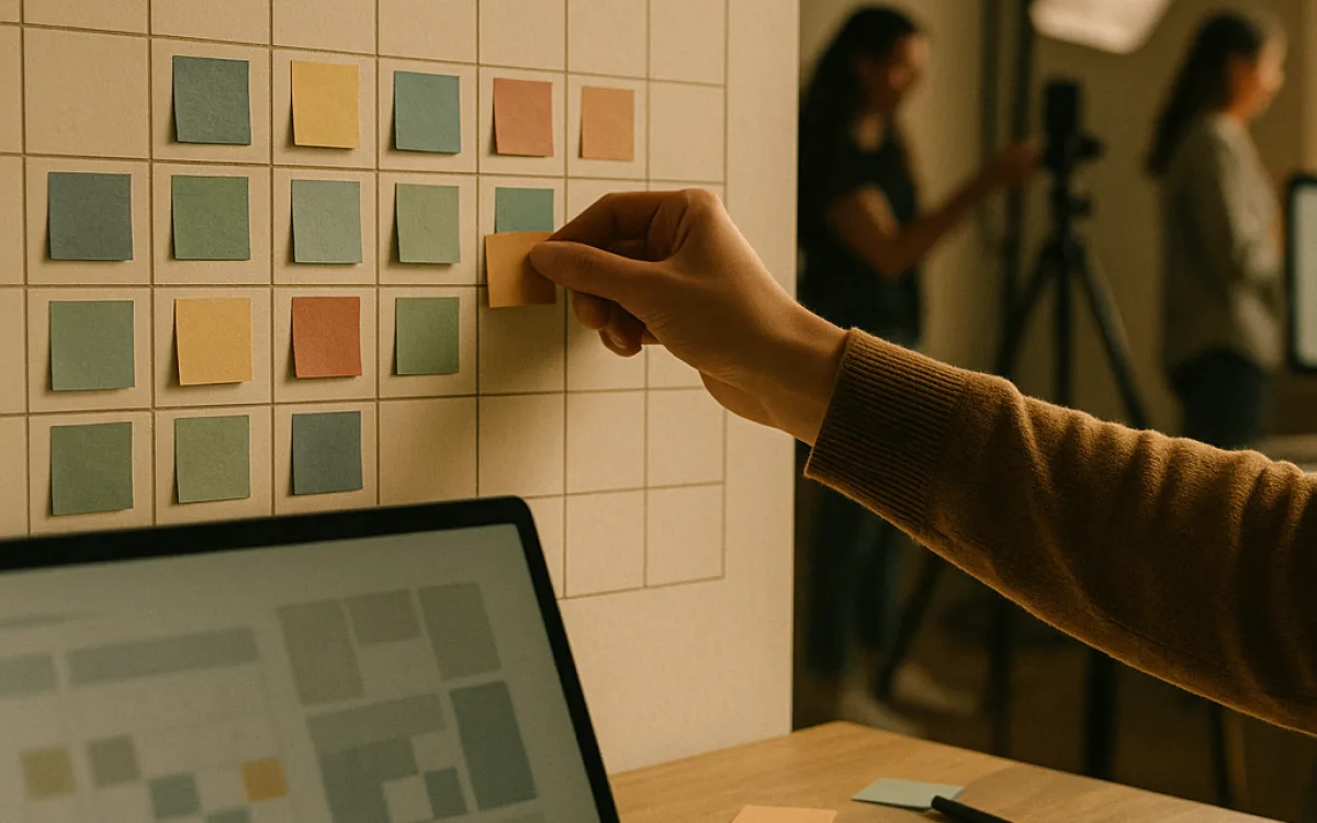 A month planner on the wall being filled with coloured sticky notes