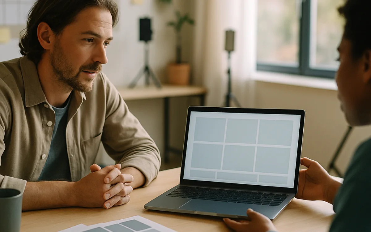 An interview at a studio table with a laptop showing a sample content grid