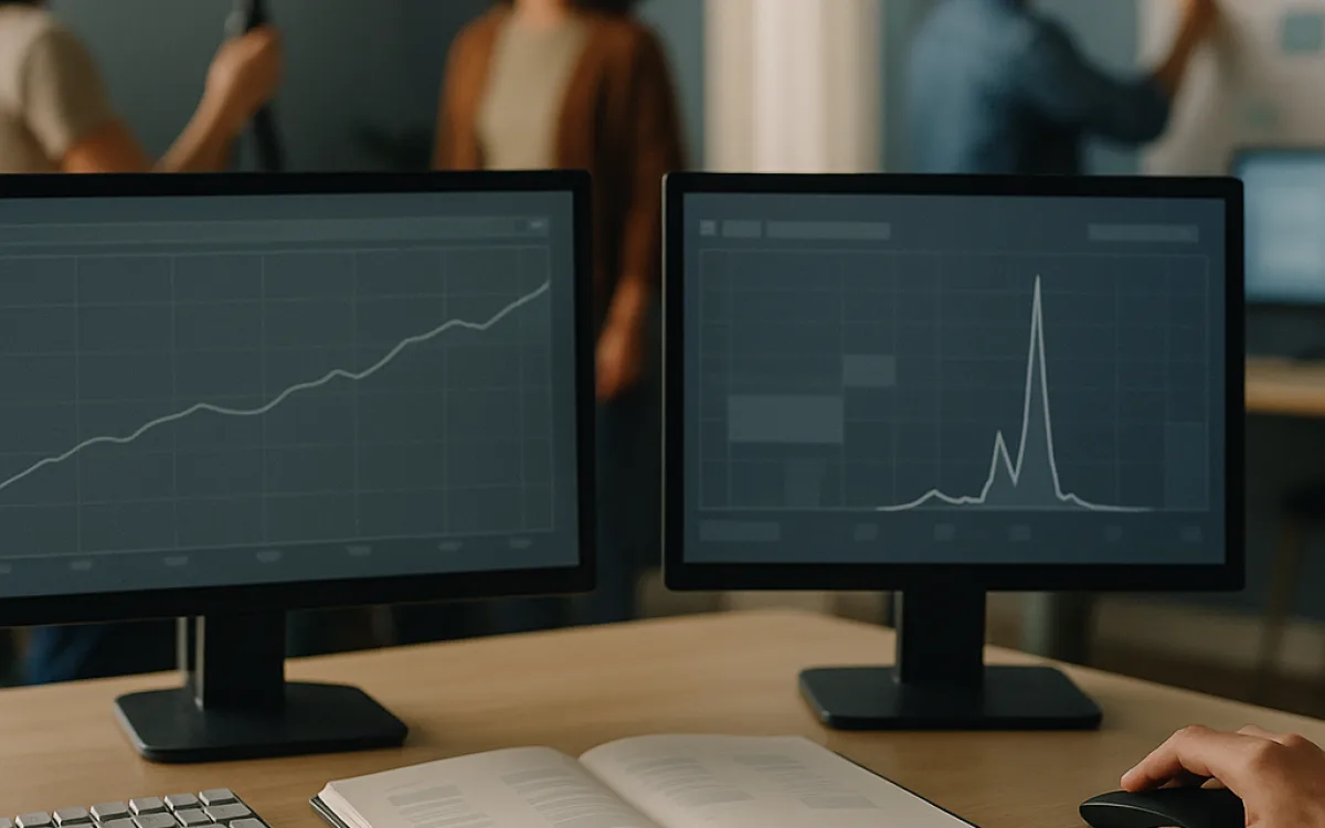 Two monitors side by side, one showing a slow steady line and one a sharp spike