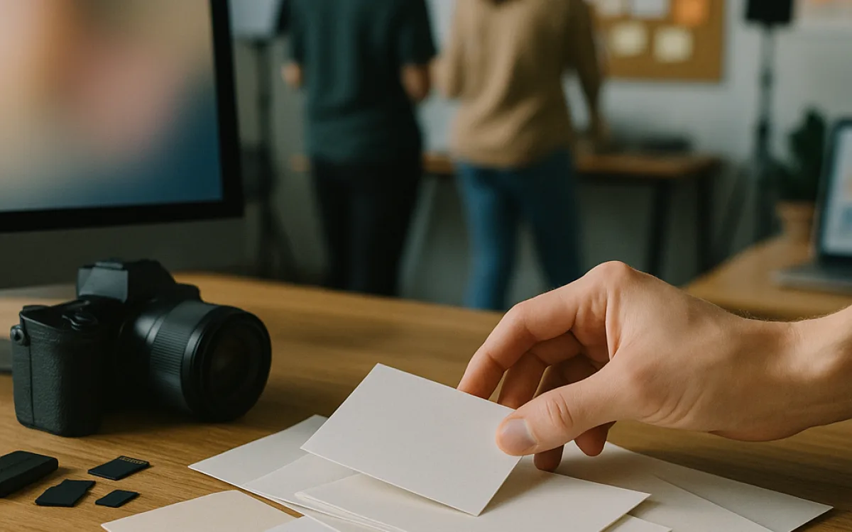 One filmed clip on a monitor beside several differently shaped blank frames on paper