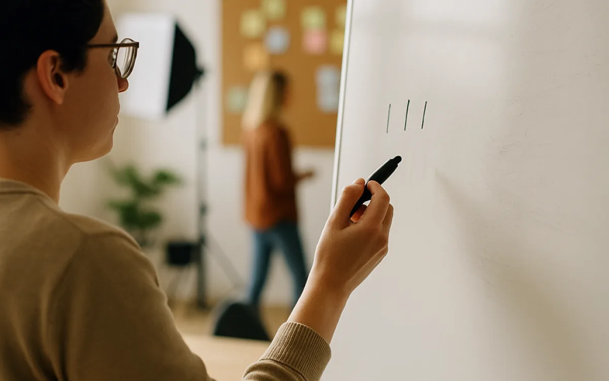 A whiteboard with a small set of measures written out and the rest wiped away