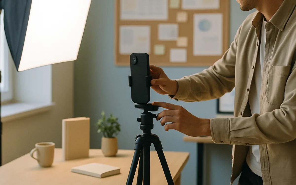 A small vertical video set with a phone on a tripod and a softbox