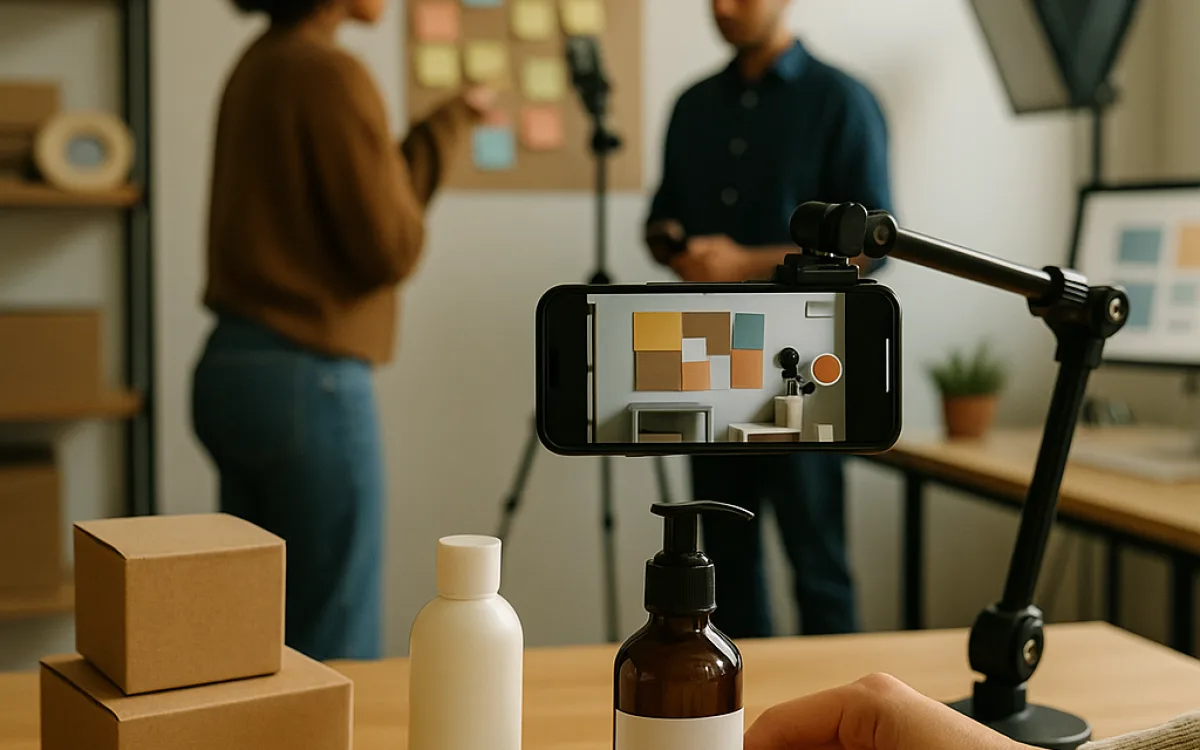 A product table set for filming with a phone on a tripod and parcels ready to ship