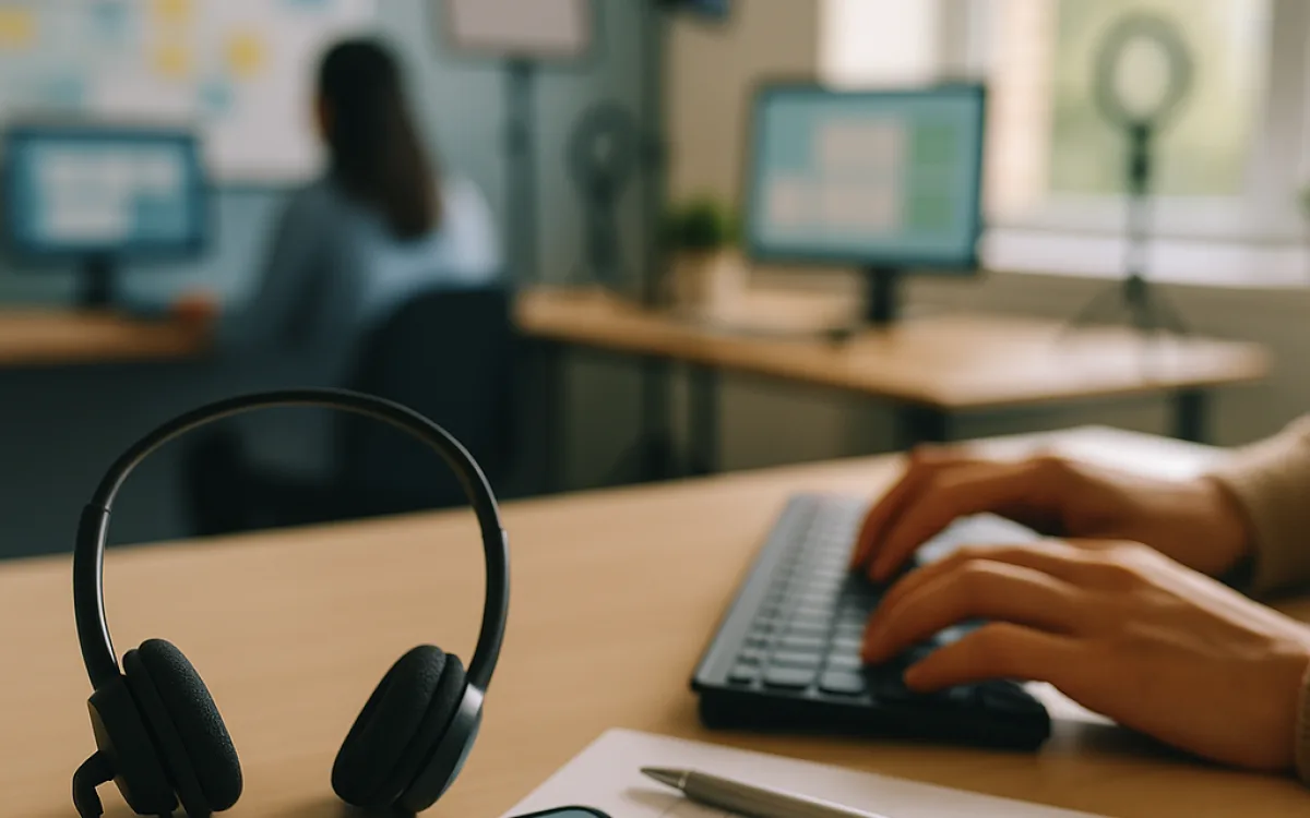 Ein Support-Desk, auf dem ein Headset, ein Telefon und eine Antwort-Checkliste liegen