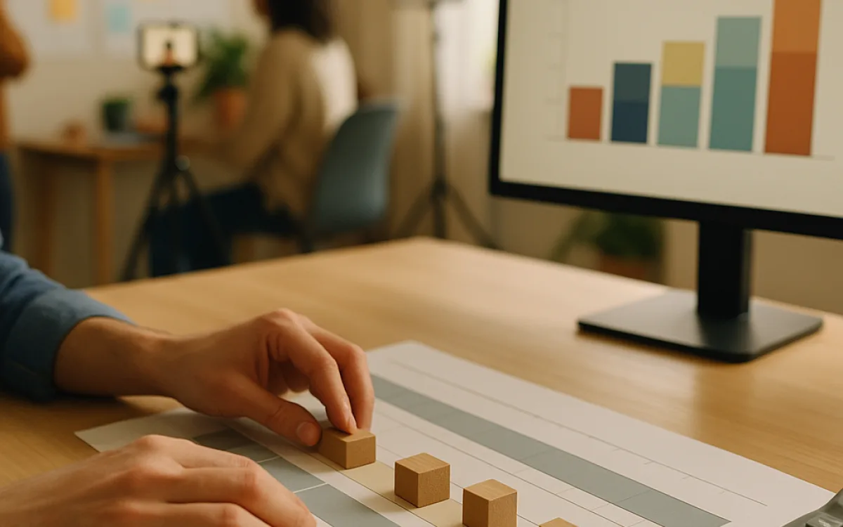 A media planner arranging budget blocks across a printed flight plan