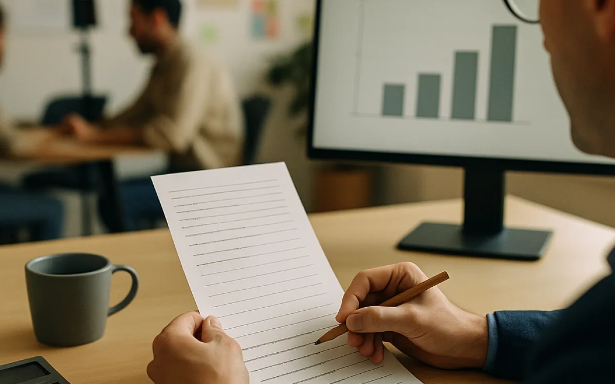 An analyst crossing out most of a long metric list and keeping a few lines