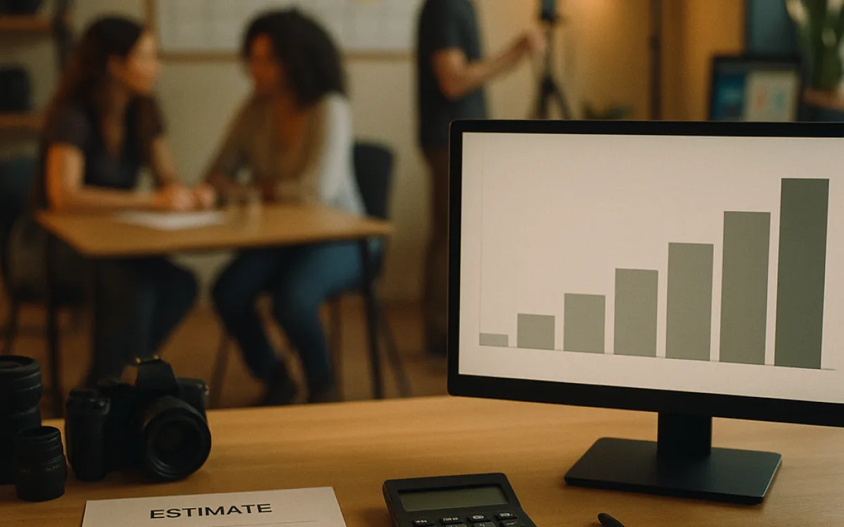 A desk with a retainer estimate on paper and a growing cost column on screen
