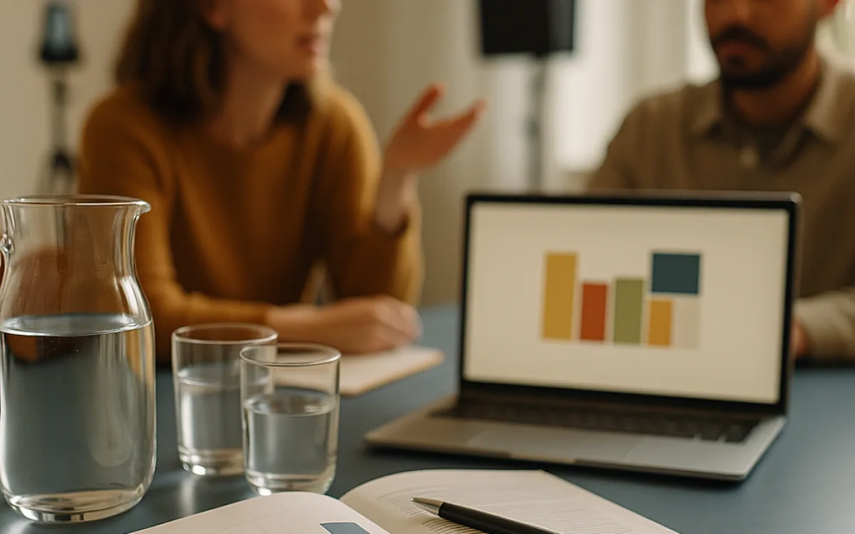 A short printed report on a meeting table with a simple chart facing the reader
