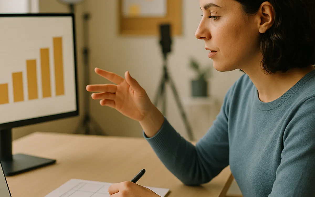 A manager at a desk with a content planner, a phone on a stand and a simple performance chart on screen