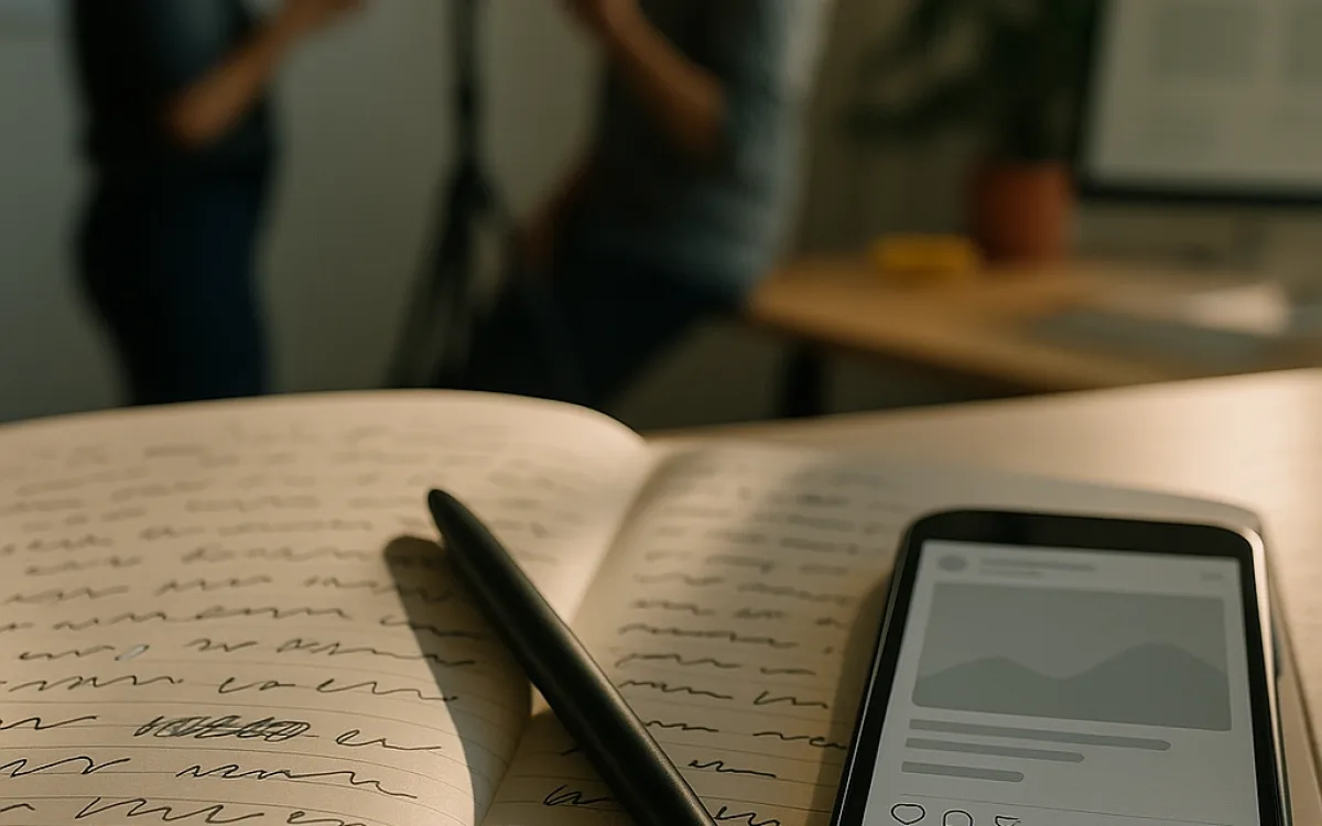 A notebook of hand-written caption drafts beside a phone showing a blank post